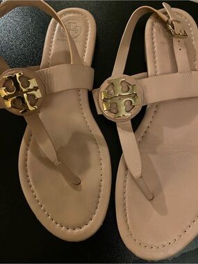 Tory Burch Blush Leather Miller Thong Sandals with Gold Logo